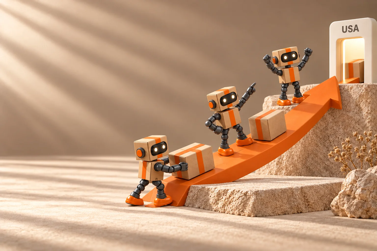Parcel robots move stock toward a USA doorway